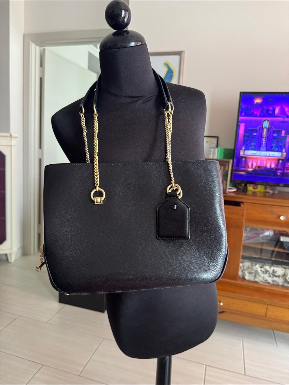 Collectible Barry Kieselsteib Cord Black Tote with Gold Chain Accents dog bones